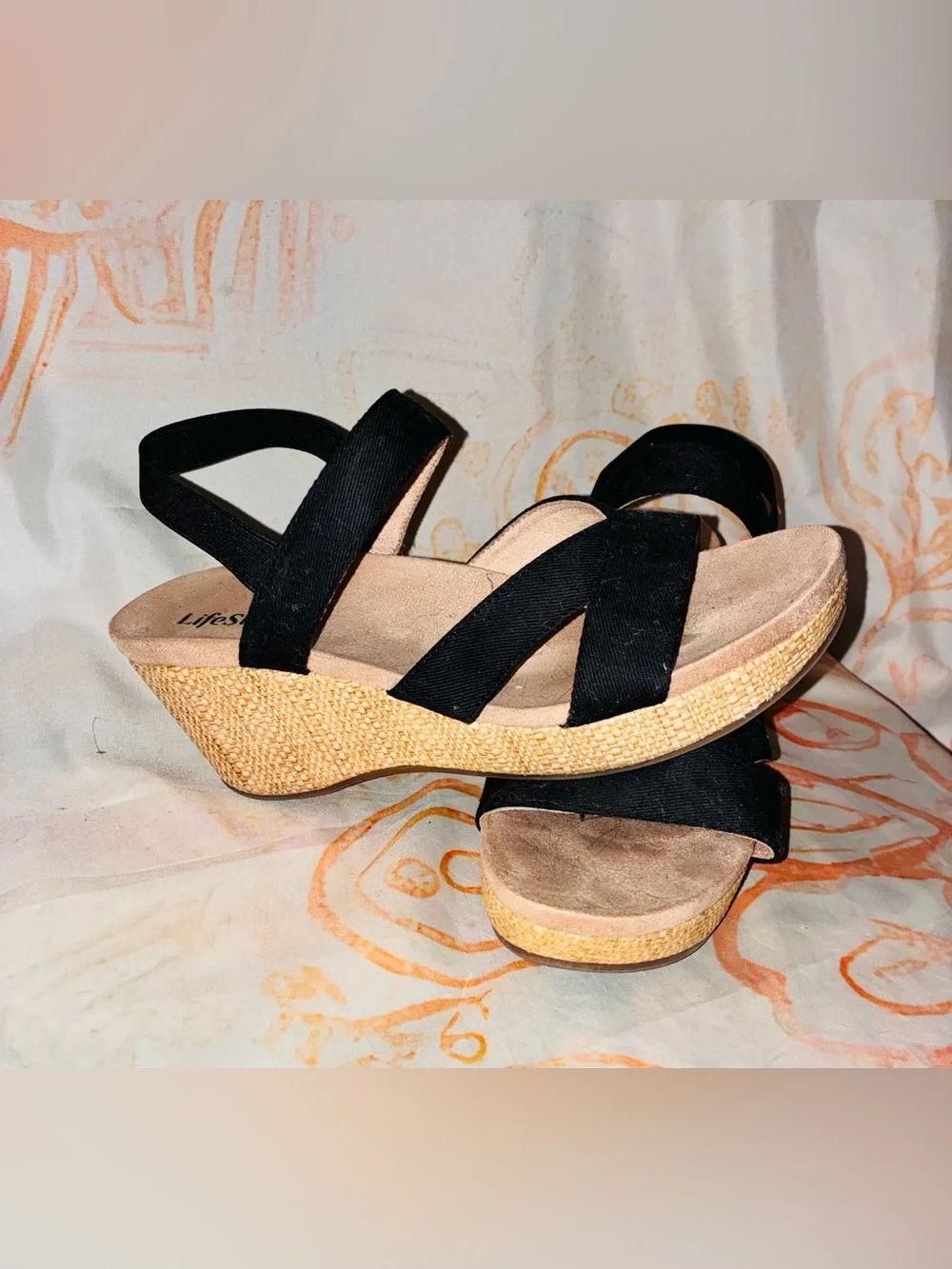 Life Stride Black Crisscross Wedge Sandals